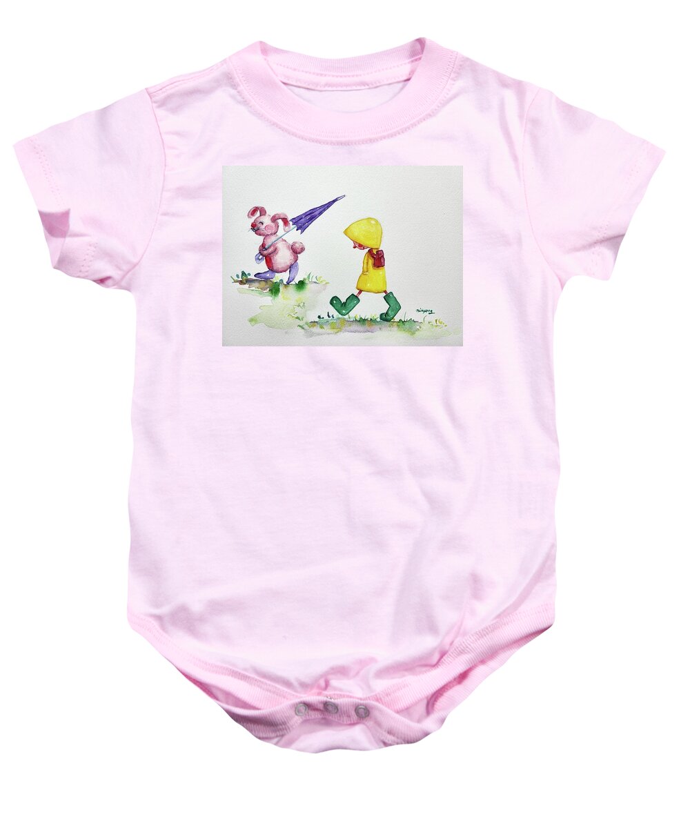 Rain Drop Baby Onesie featuring the painting Rainy Day Walk by Mikyong Rodgers