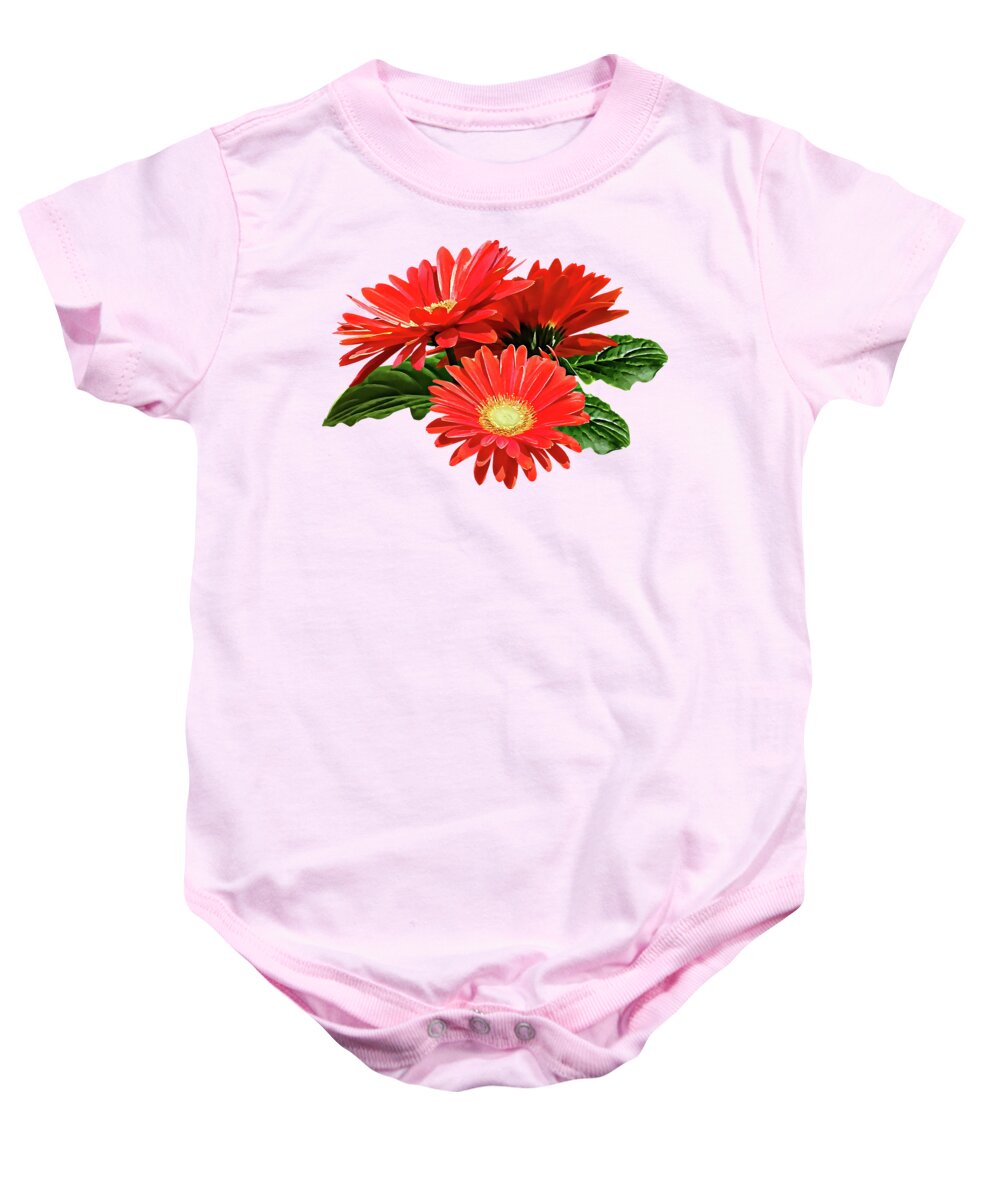 Daisy Baby Onesie featuring the photograph Red Gerbera Daisy Trio by Susan Savad