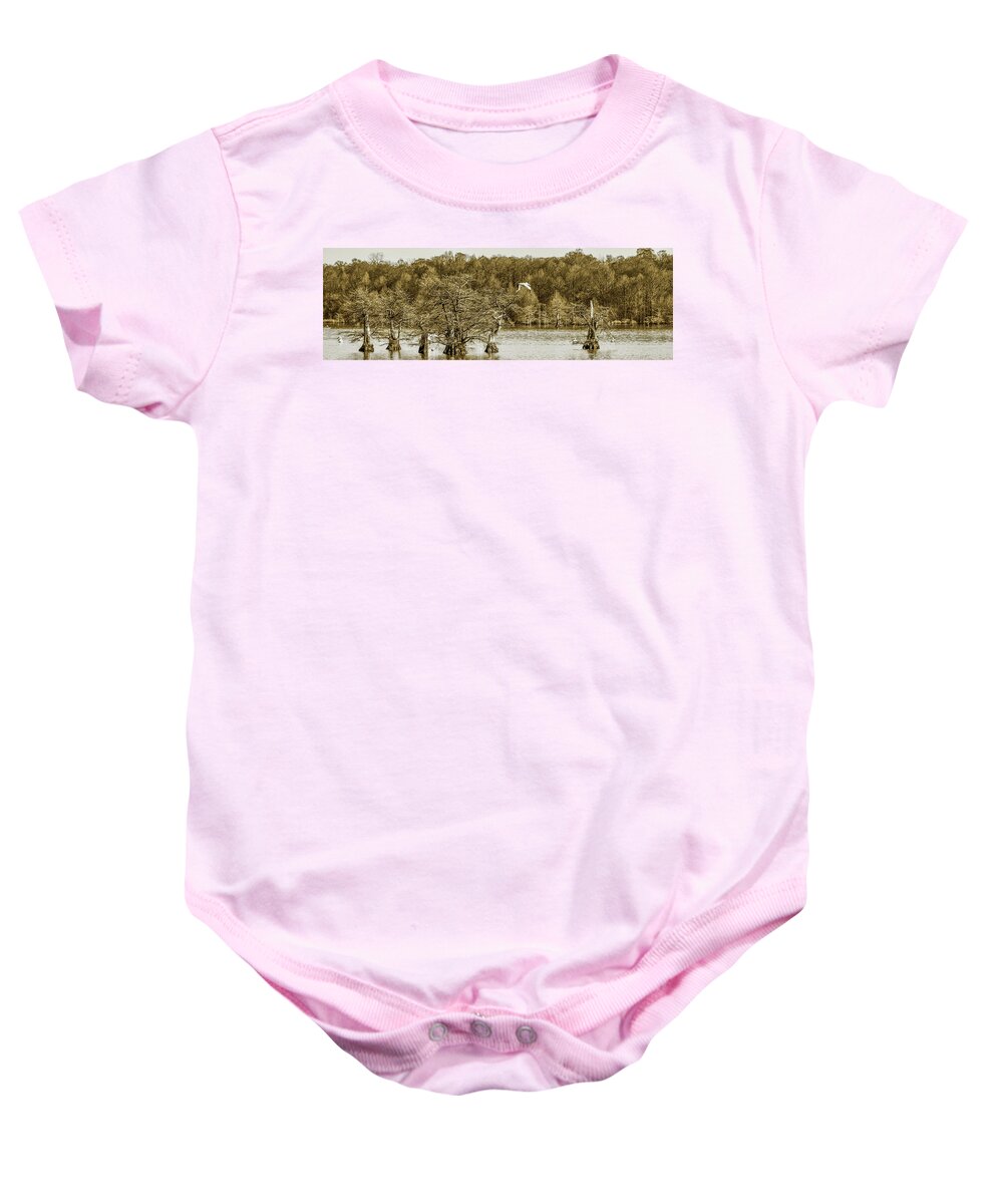 Reelfoot Baby Onesie featuring the photograph Reelfoot Lake Cypress and Pelicans 001 by James C Richardson