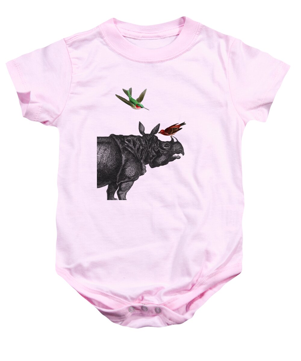 Rhino Baby Onesie featuring the digital art Rhinoceros With Green And Red Birds by Madame Memento