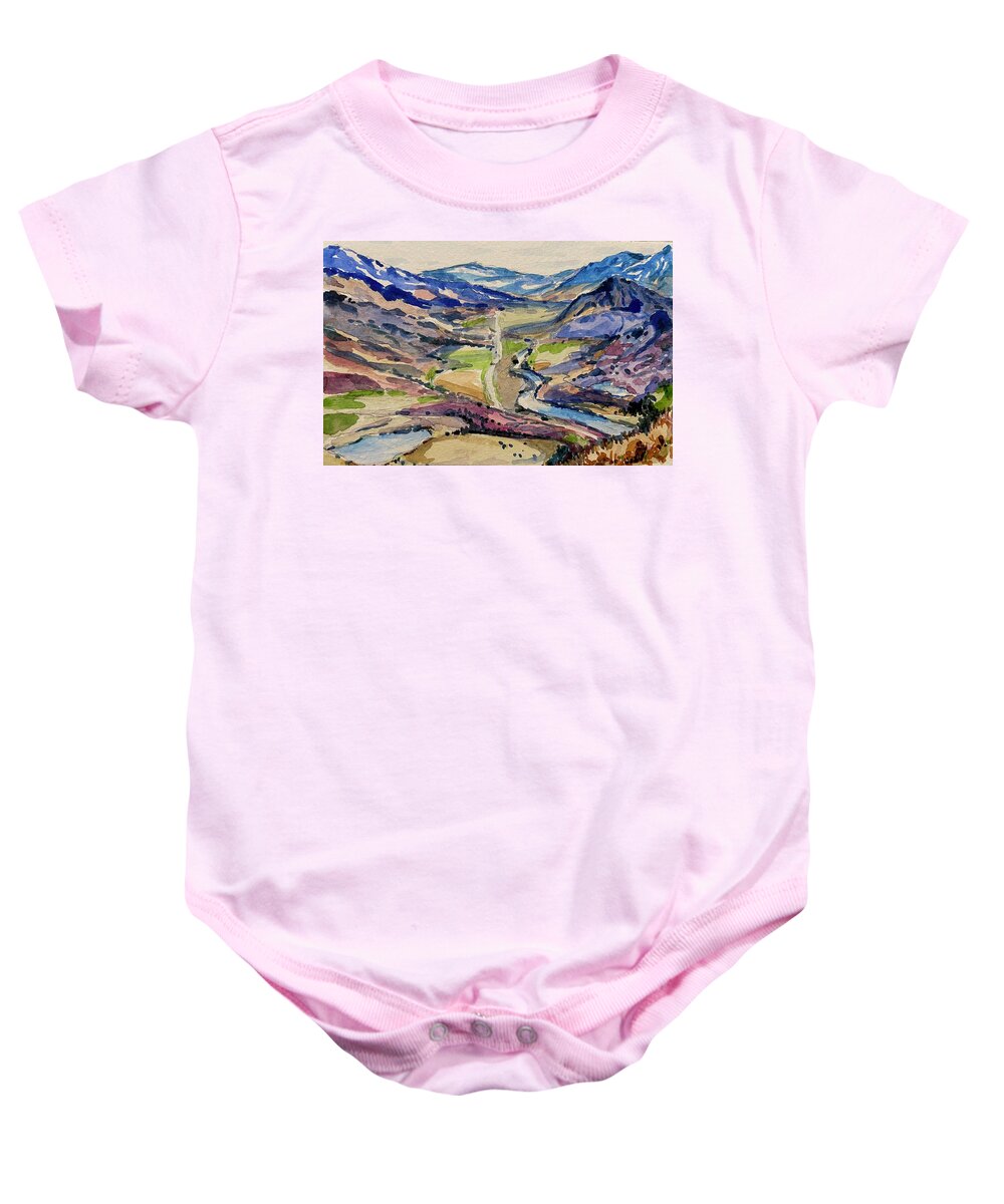 Yellowstone Baby Onesie featuring the painting Road to Gardiner by Les Herman