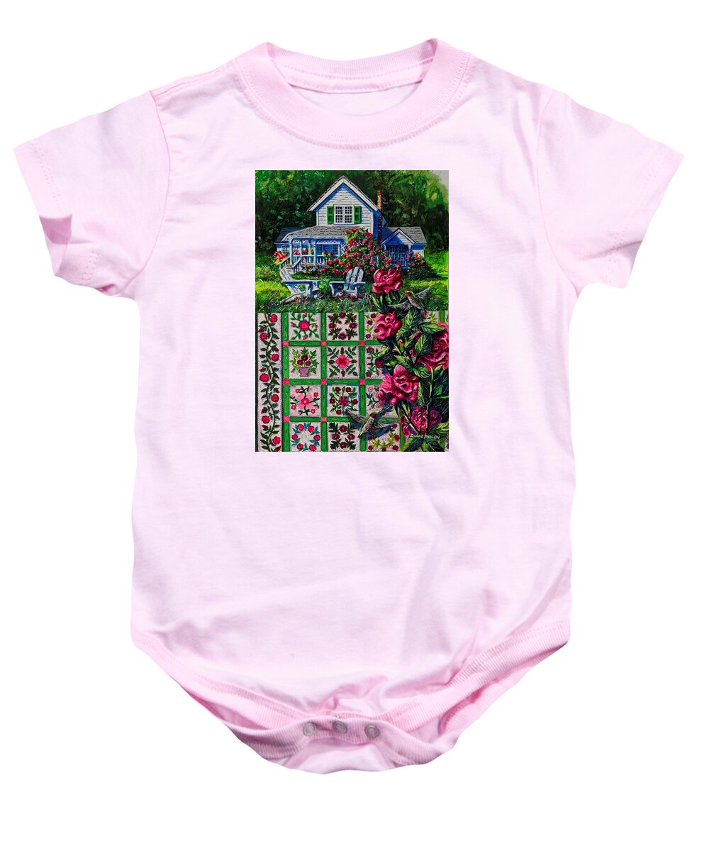 A Patchwork Quilt Of Traditional Rose Patterns In A Rose Garden With Hummingbirds Baby Onesie featuring the painting Rose Garden by Diane Phalen