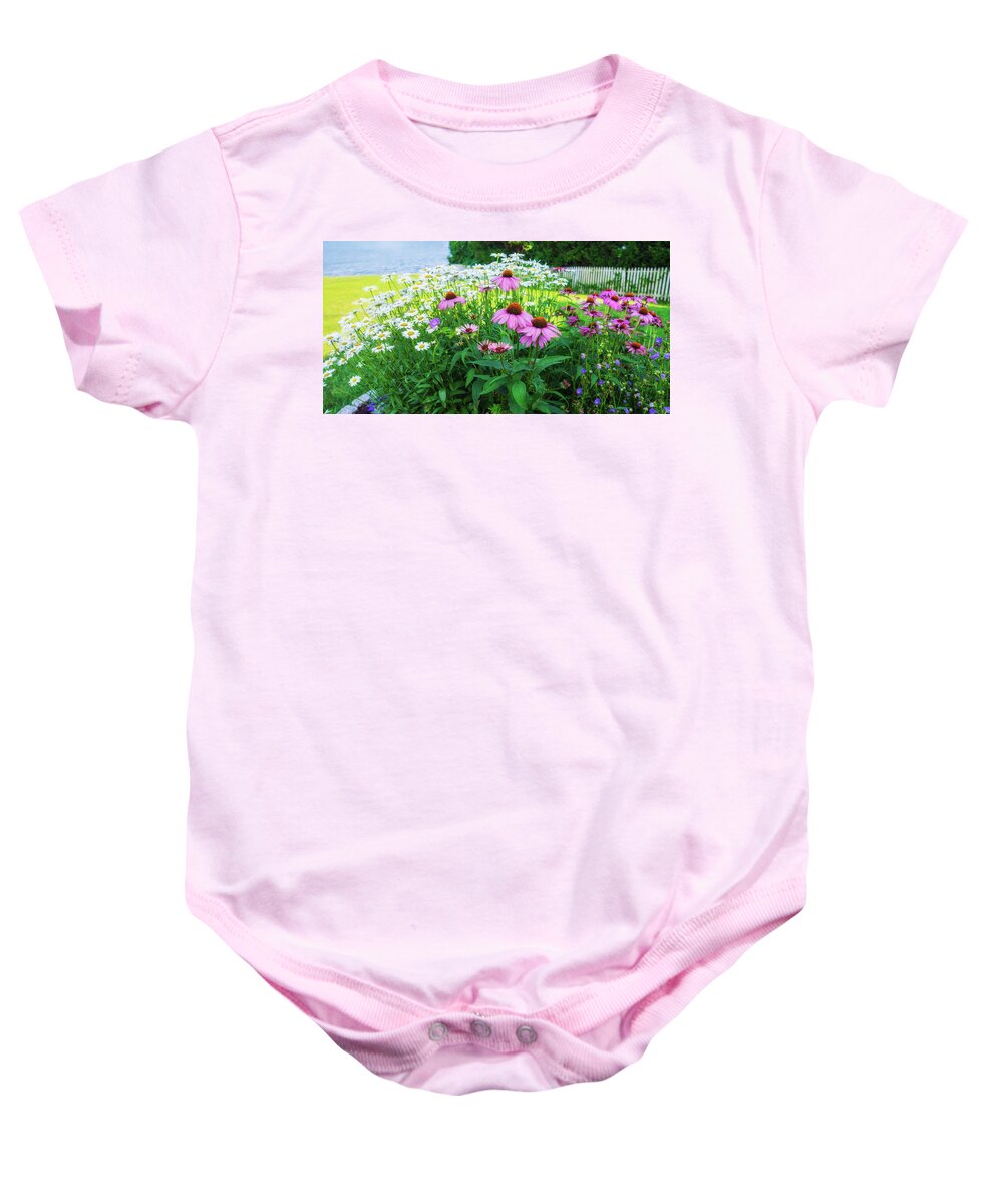 Sea Baby Onesie featuring the photograph Shasta Daisy Purple Coneflower Panorama by Marianne Campolongo
