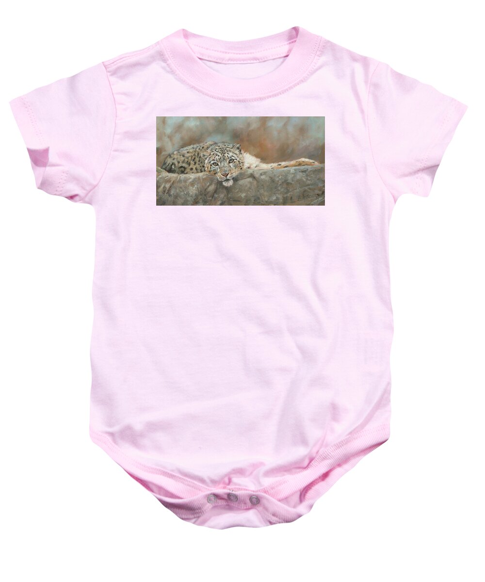 Snow Leopard Baby Onesie featuring the painting Snow Leopard Resting by David Stribbling