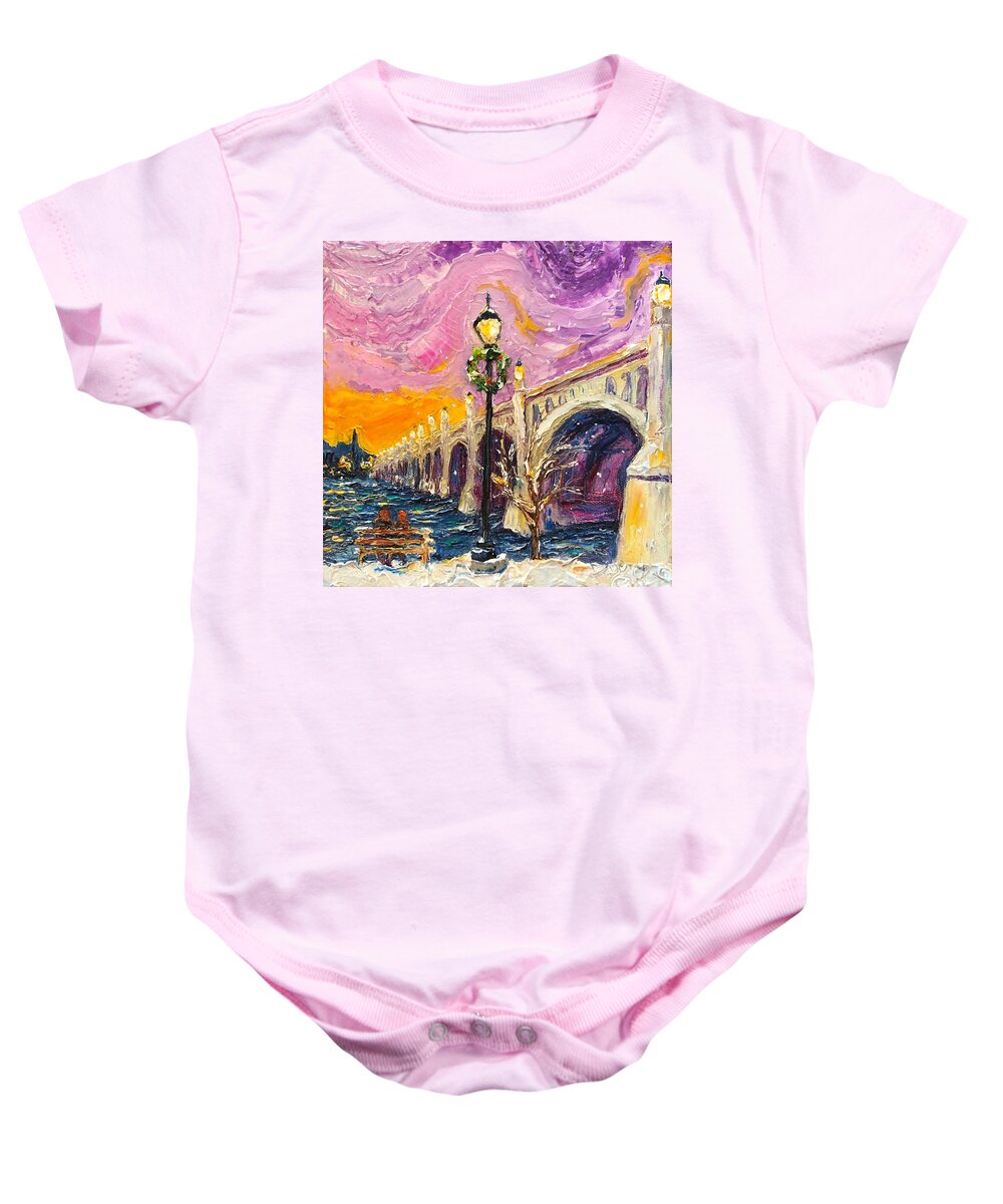 Lancaster Baby Onesie featuring the painting Snowy Wrightsville Bridge by Paris Wyatt Llanso
