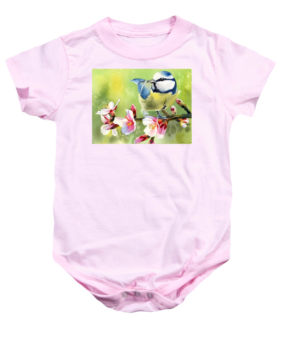 Blue Tit Baby Onesie featuring the painting Spring Twittering by Espero Art