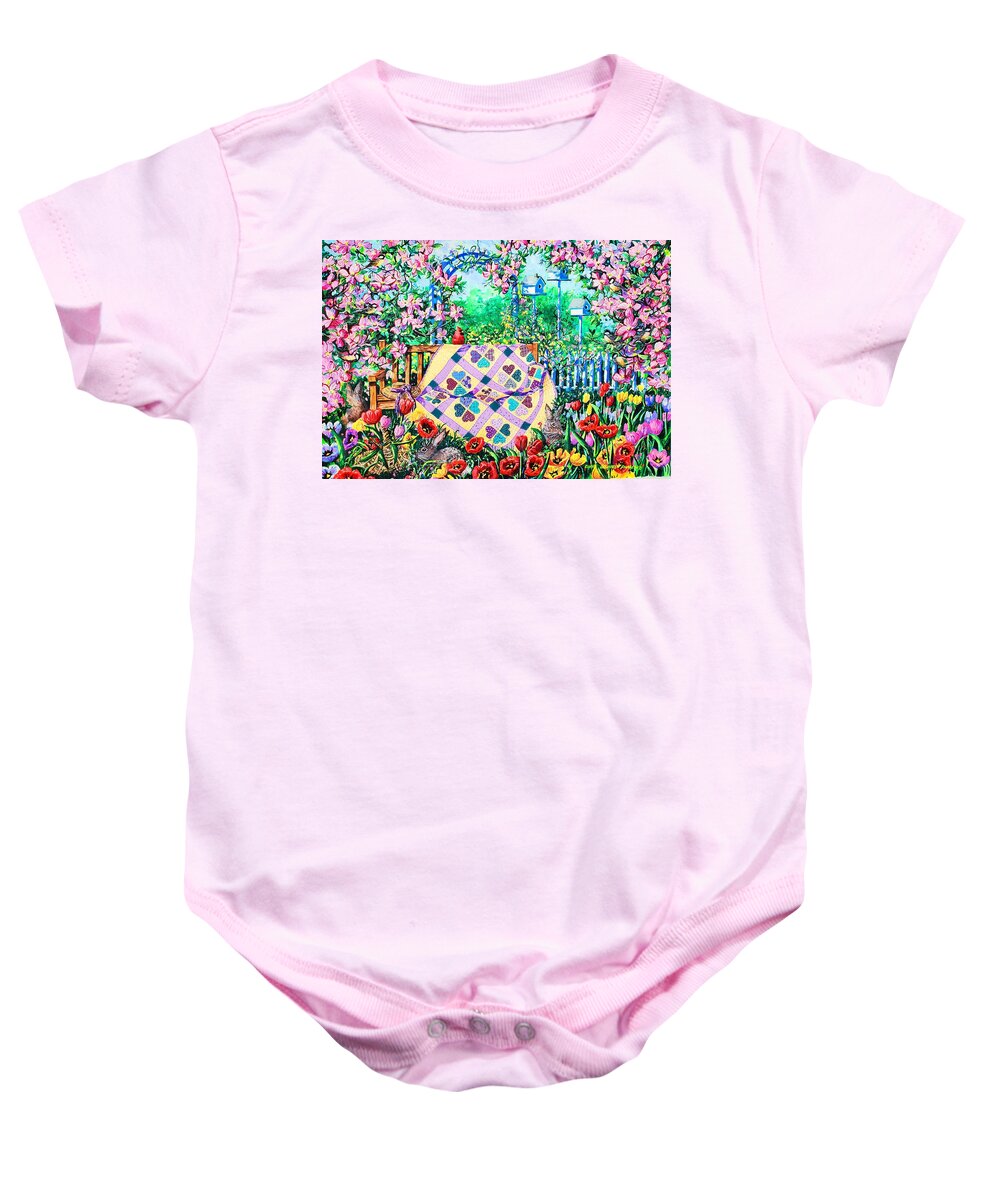 Garden Bench Baby Onesie featuring the painting Springtime Hearts and Flowers by Diane Phalen