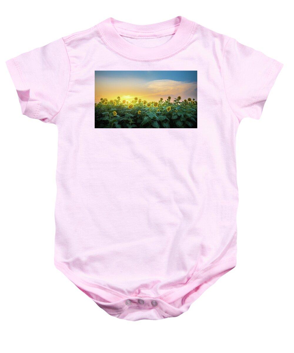Sunflower Baby Onesie featuring the photograph Sunflower Field Sunset Alabama by Jordan Hill