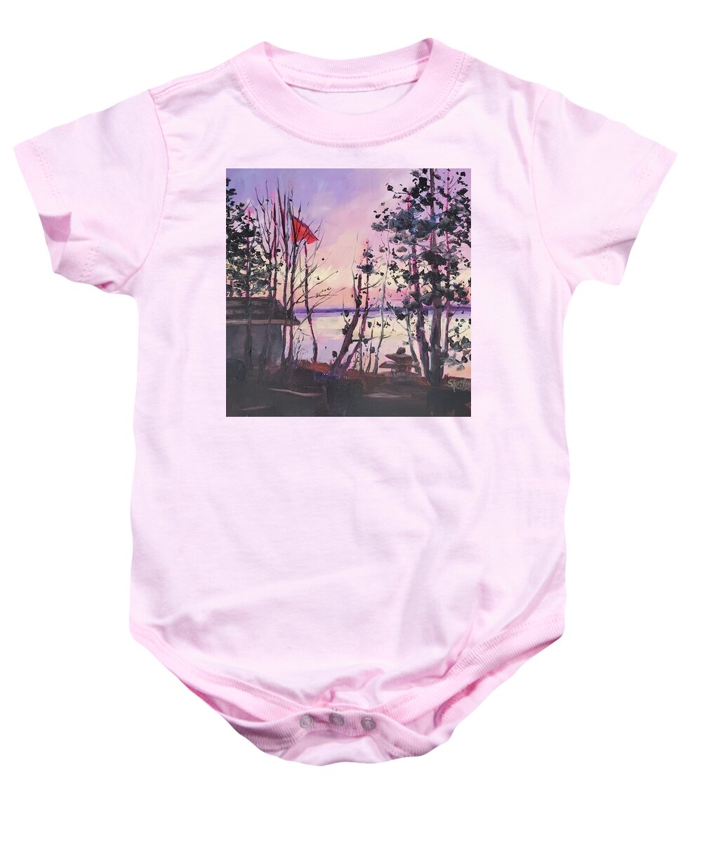 Landscape Baby Onesie featuring the painting Sunset Lakeside by Sheila Romard