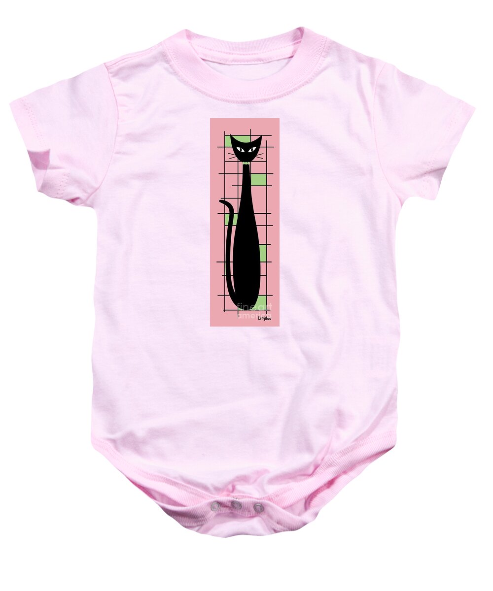 Mid Century Modern Cat Baby Onesie featuring the digital art Tall Mondrian Cat on Pink by Donna Mibus
