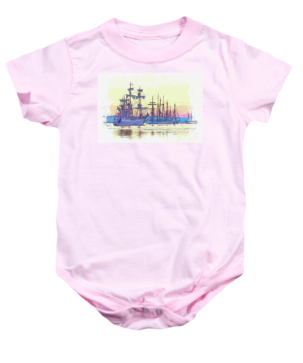Sea Baby Onesie featuring the painting Tall Sail ship 3, ca 2021 by Ahmet Asar, Asar Studios by Celestial Images