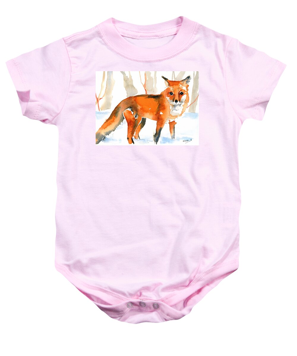 Animal Baby Onesie featuring the painting The Winter Fox by Hiroko Stumpf