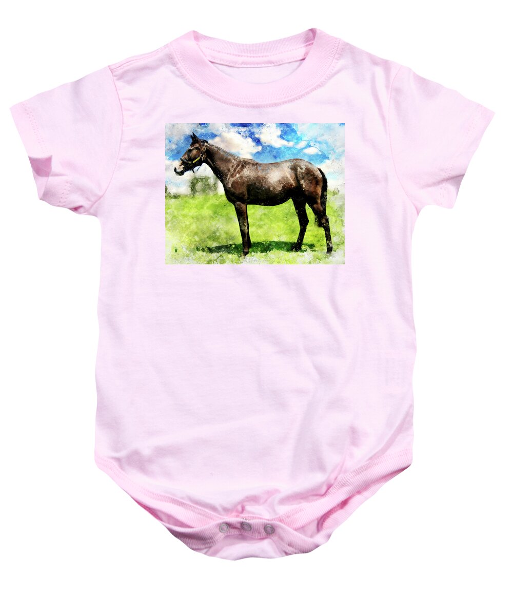 Thoroughbred Baby Onesie featuring the digital art Thoroughbred horse on a pasture - watercolor painting by Nicko Prints