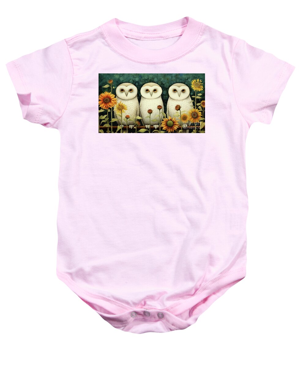 Owl Baby Onesie featuring the painting Three Wise Owls by Tina LeCour
