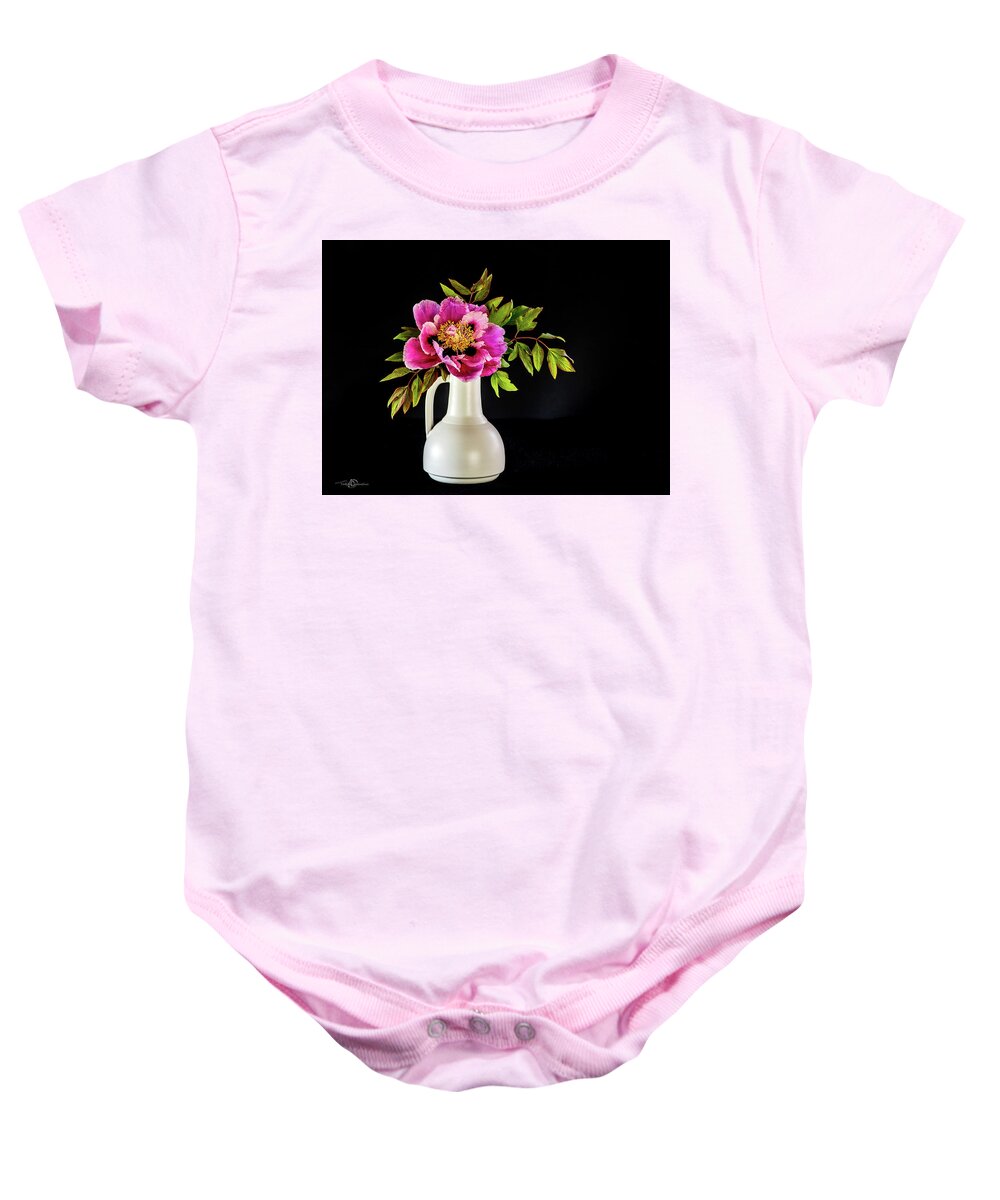 Tree Peony Baby Onesie featuring the photograph Tree peony in full blown Lan He Paeonia suffruticosa rockii i by Torbjorn Swenelius