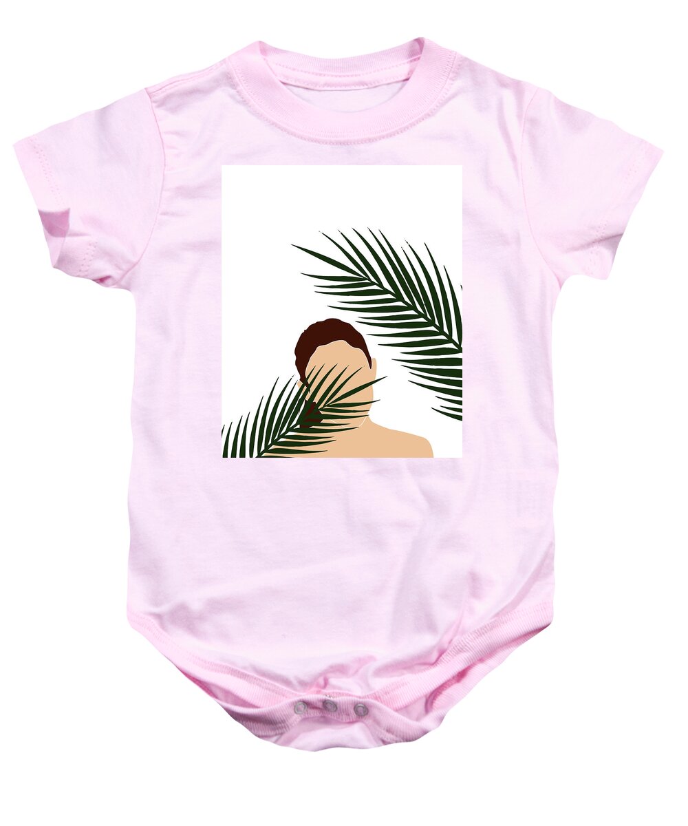 Tropical Baby Onesie featuring the mixed media Tropical Reverie 16 - Modern, Minimal Illustration - Girl and Palm Leaves - Aesthetic Tropical Vibes by Studio Grafiikka