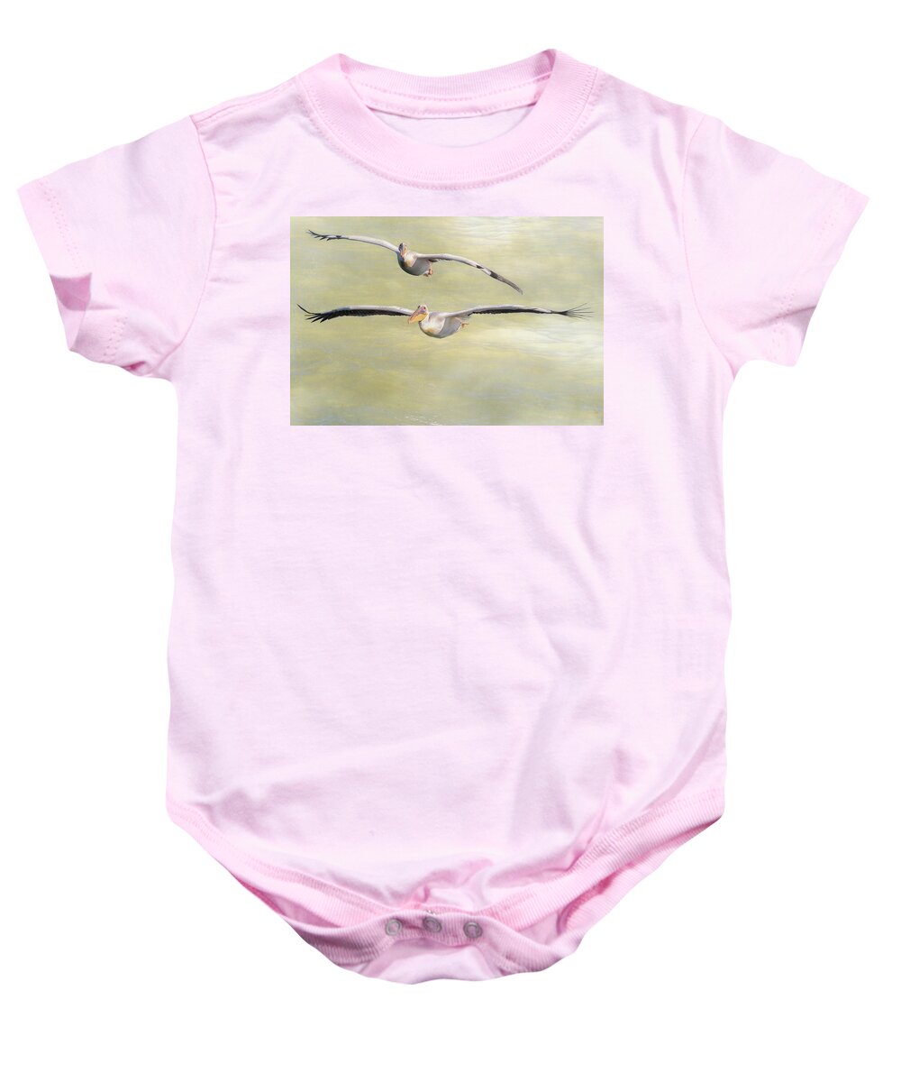 Great White Pelican Baby Onesie featuring the photograph Two Great White Pelican Flying with texture by Belinda Greb