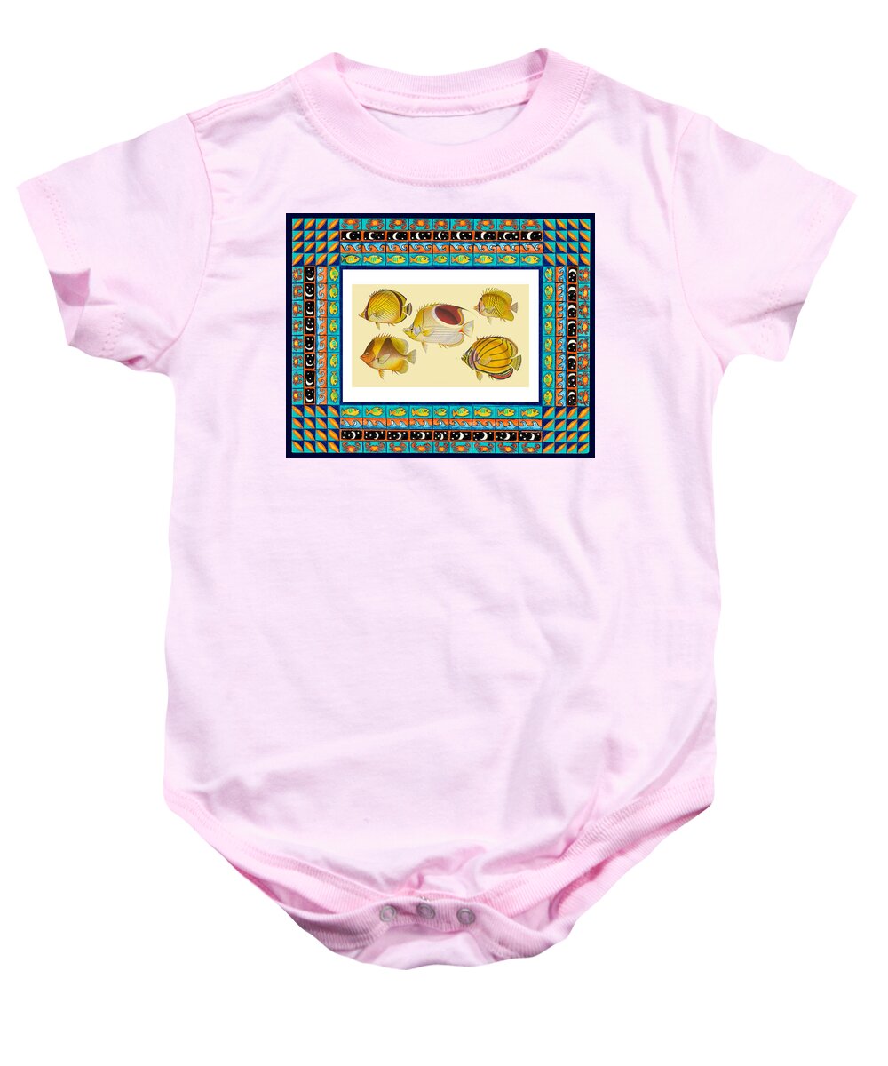 Vintage Fish Baby Onesie featuring the drawing Vintage fish in decorative frame by Lorena Cassady