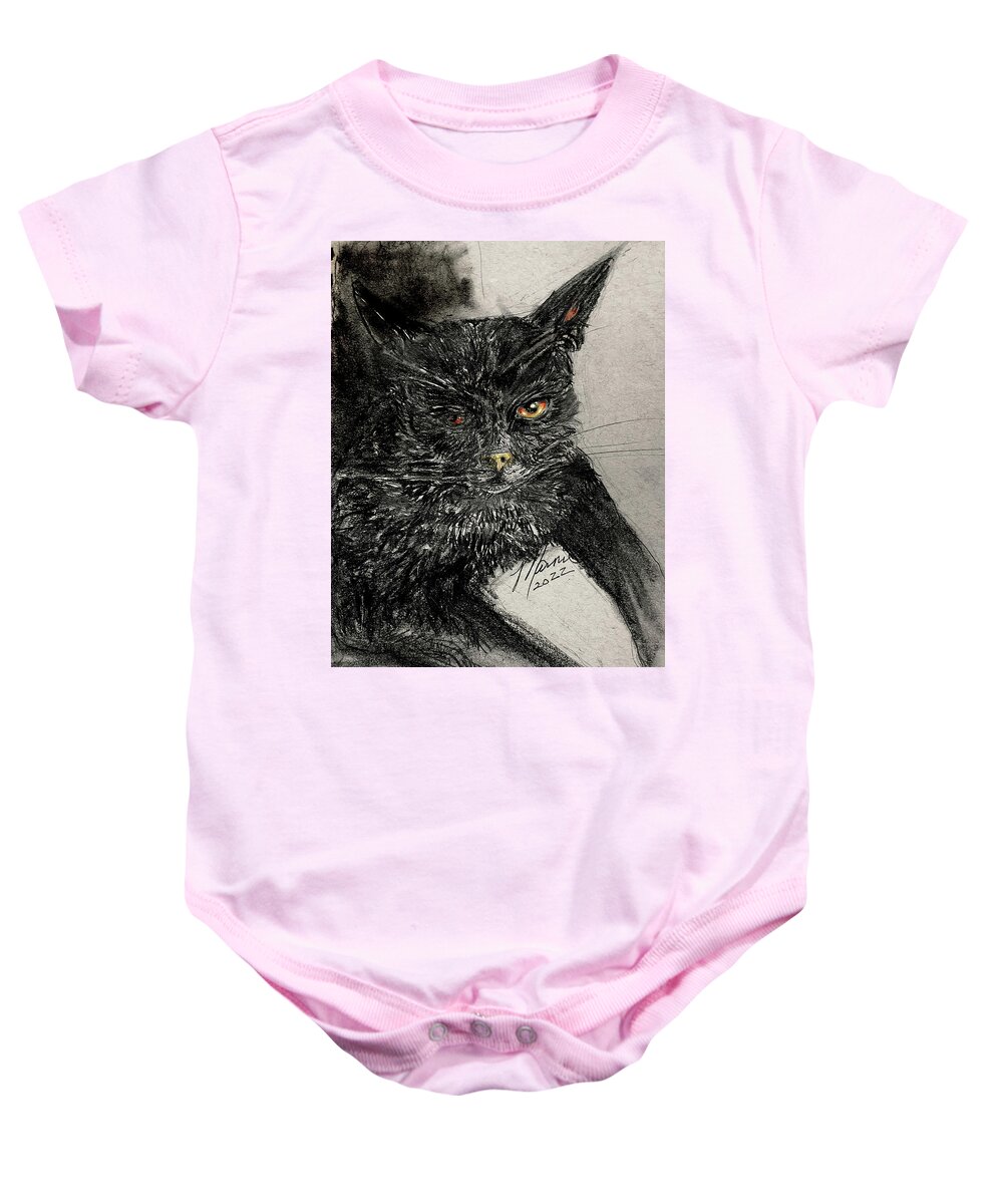 Black Cat Baby Onesie featuring the drawing Watching you by Marnie Clark
