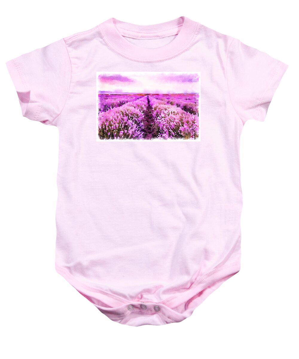 Lavender Field Baby Onesie featuring the painting Watercolor Lavender field by Vart by Vart