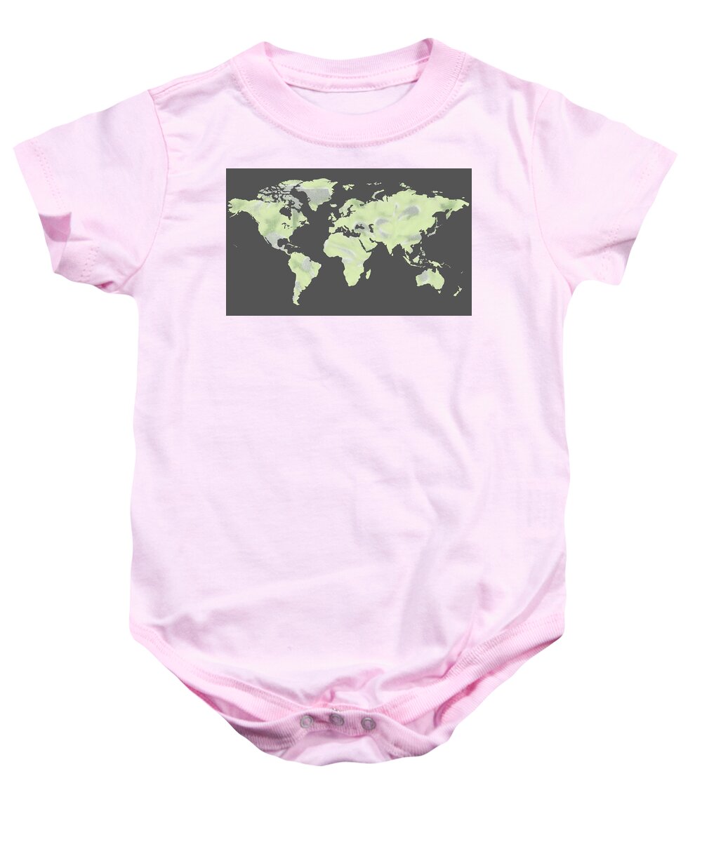 World Map Baby Onesie featuring the painting Watercolor Map Of The World On Gray Background by Irina Sztukowski