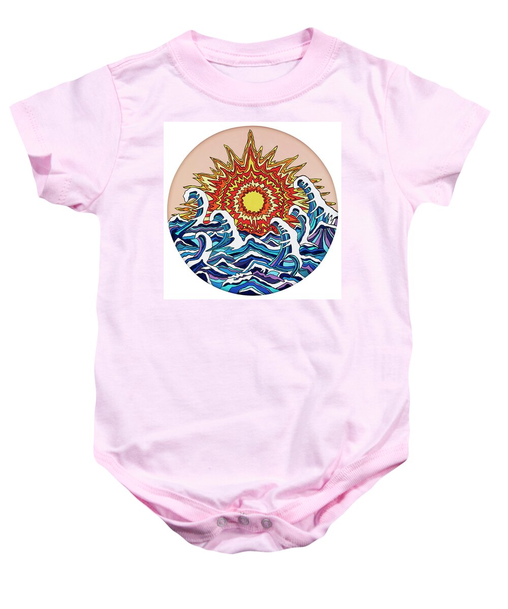 Sun Waves Ocean Baby Onesie featuring the painting Waving around the Sun by Mike Stanko