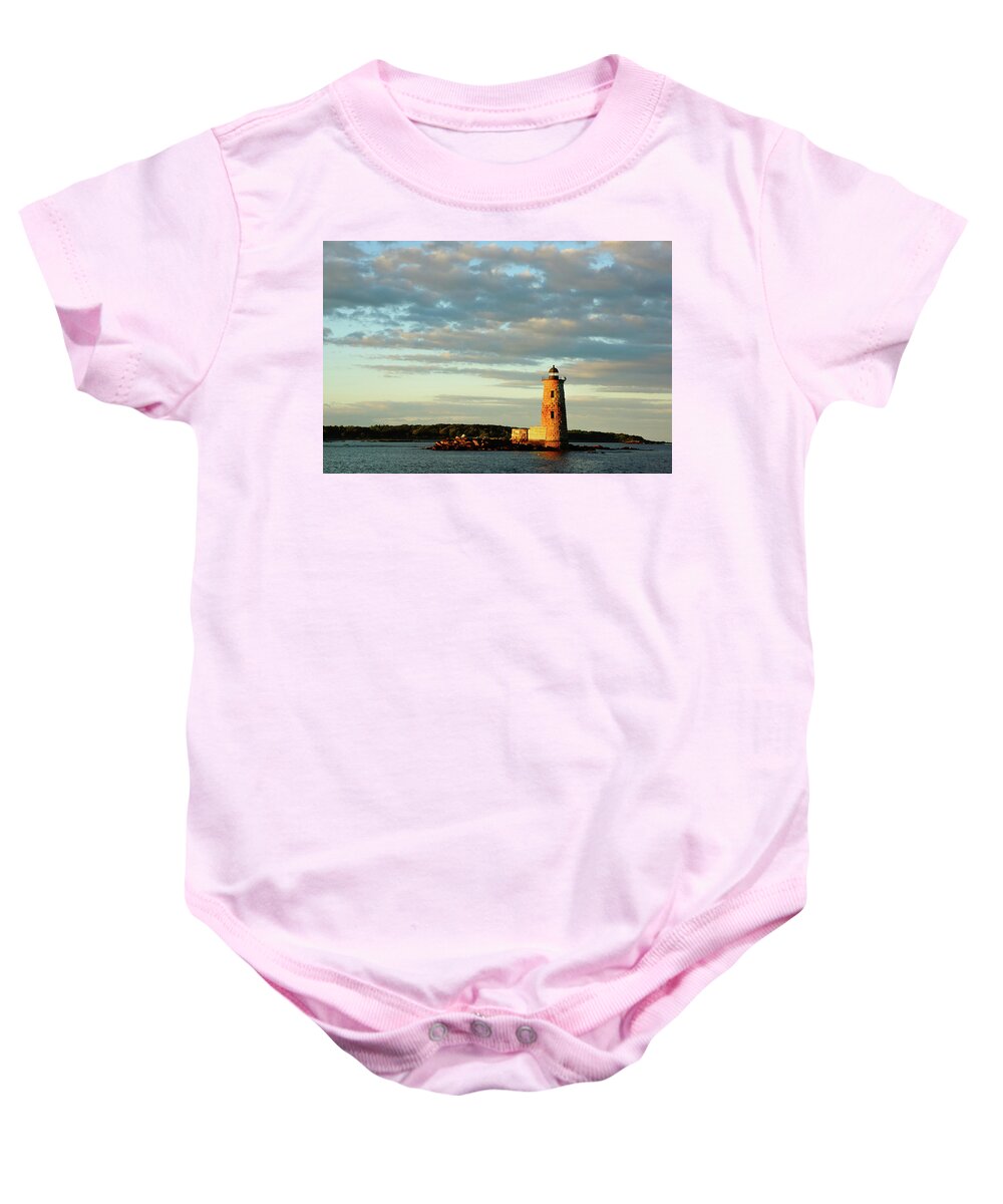 Whaleback Lighthouse Baby Onesie featuring the photograph Whaleback Lighthouse - Sunset by Deb Bryce