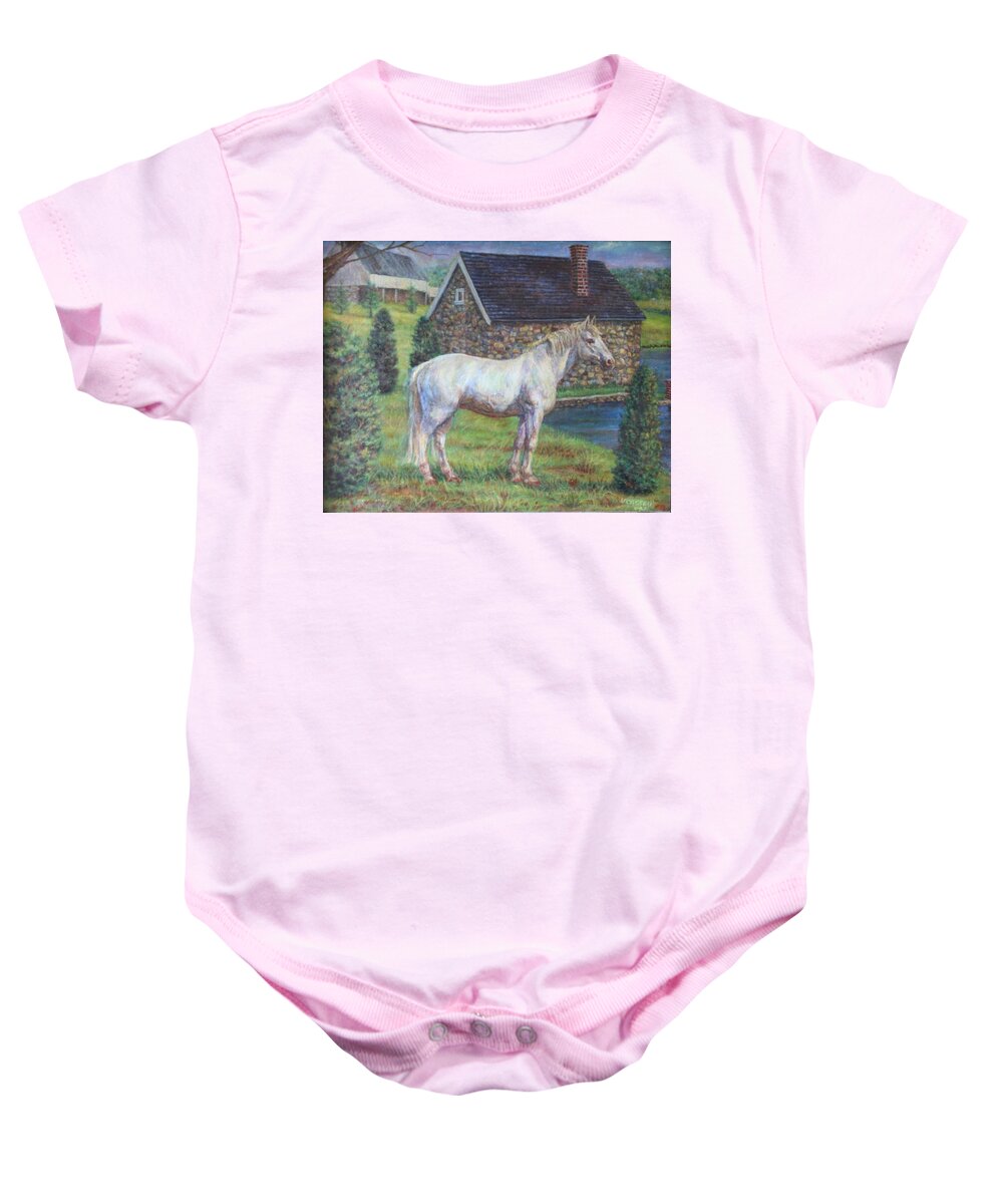 Horse Baby Onesie featuring the painting White Horse by Veronica Cassell vaz