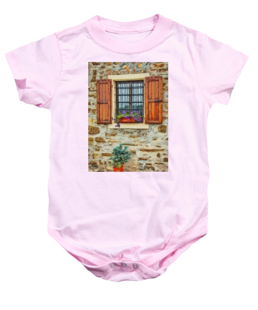 Shutter Baby Onesie featuring the painting Window in a Stone Wall by Jeffrey Kolker