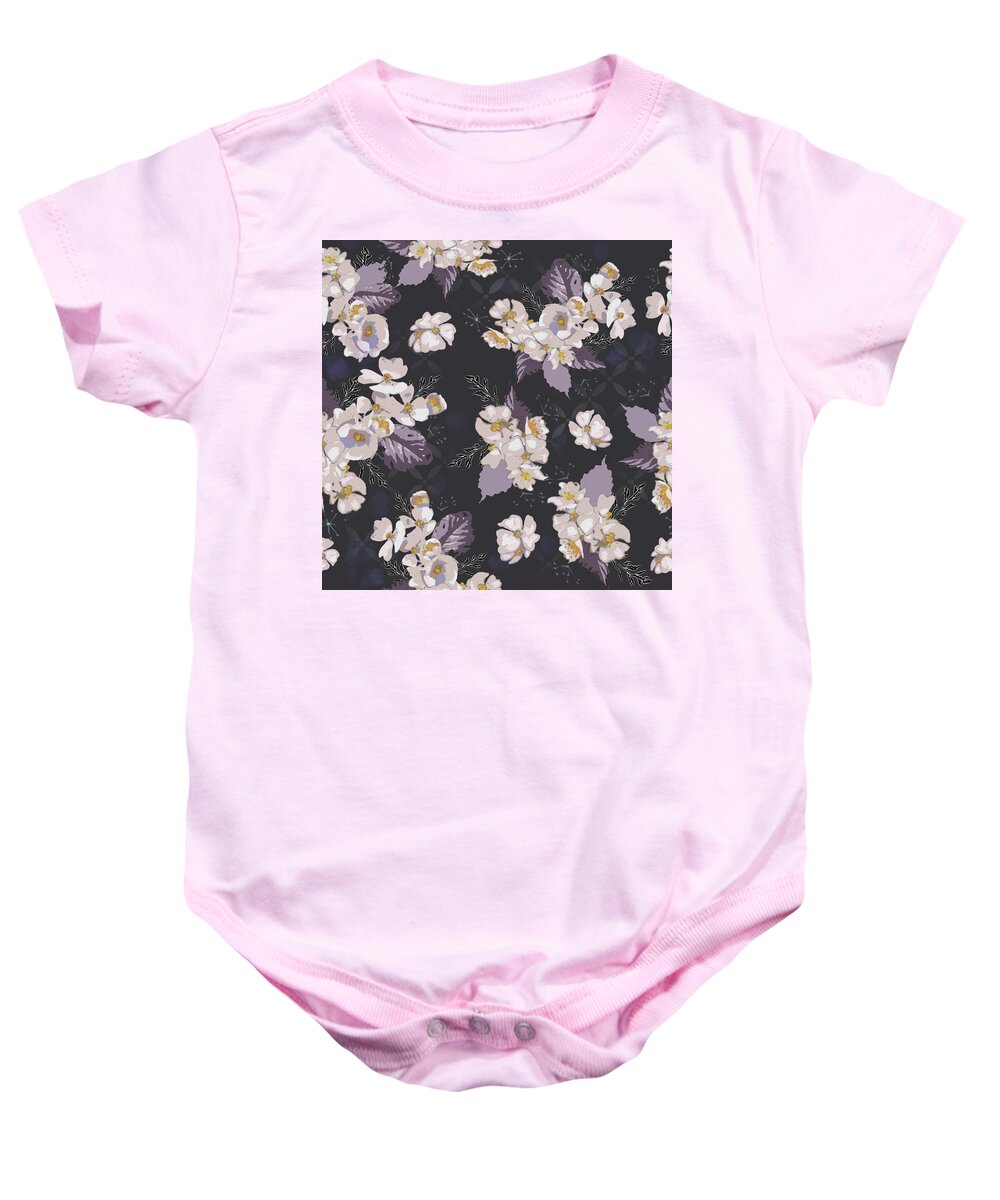 Roses Baby Onesie featuring the digital art Woodcut Wild Roses Plum Pattern by Sand And Chi