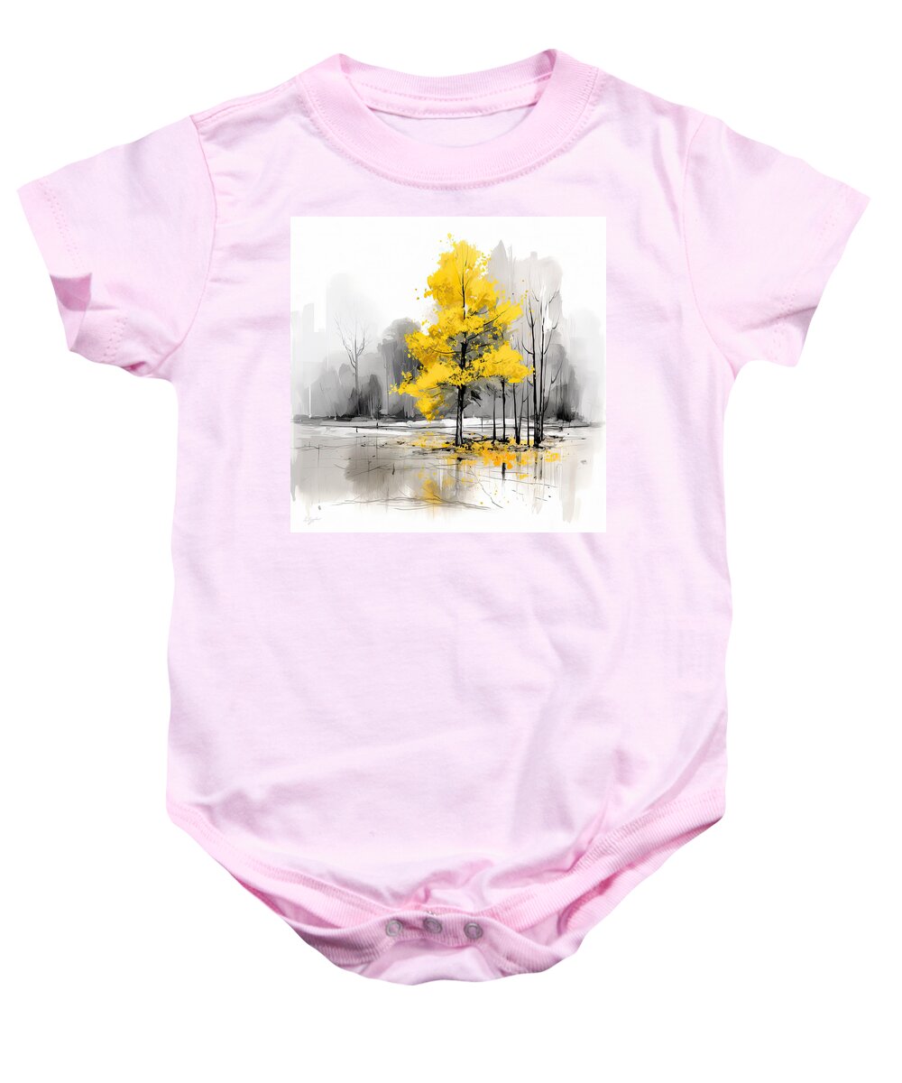 Yellow Baby Onesie featuring the painting Yellow and Gray Modern Artwork by Lourry Legarde