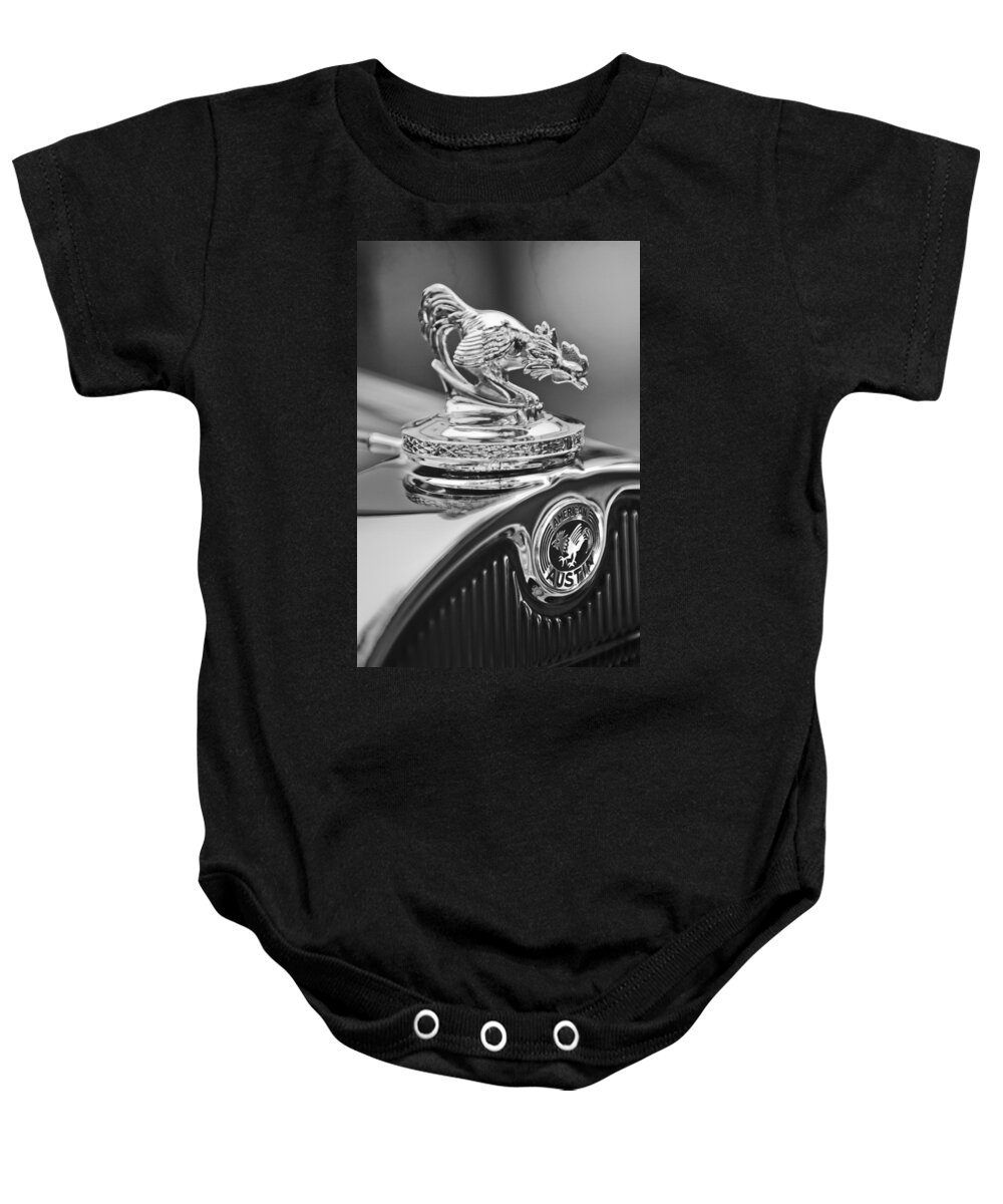 1931 American Austin Roadster Hood Ornament Baby Onesie featuring the photograph 1931 American Austin Roadster Hood Ornament #2 by Jill Reger