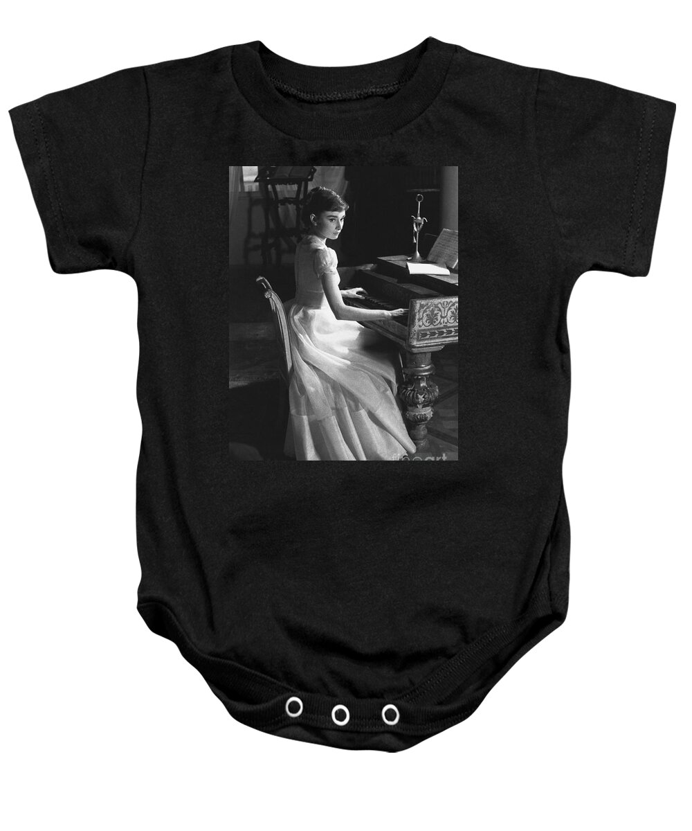 B&w Baby Onesie featuring the photograph Audrey Hepburn #3 by George Daniell