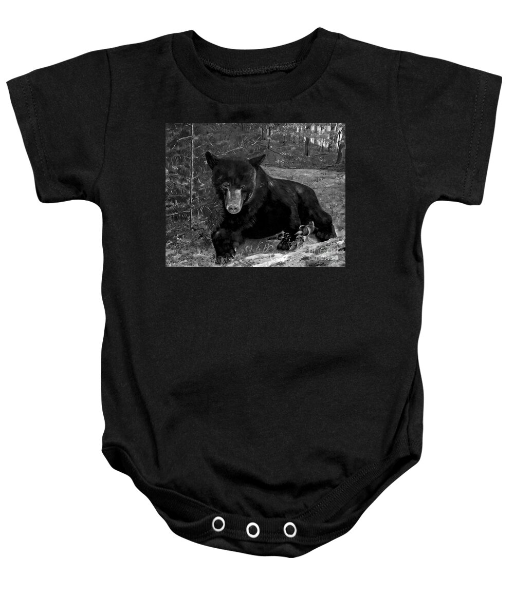 Black Bear Baby Onesie featuring the painting Black Bear - Scruffy - Black and White #2 by Jan Dappen