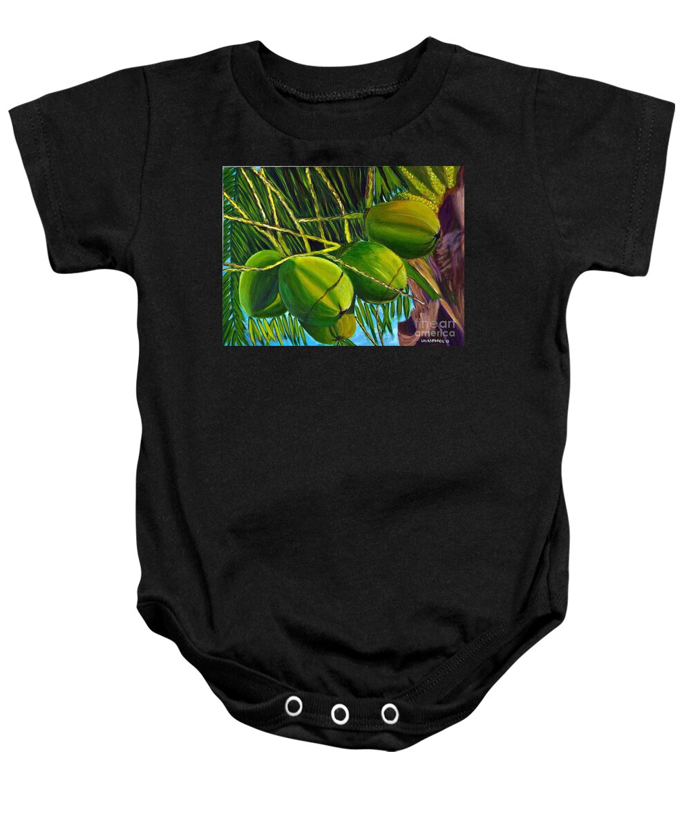Coconuts Baby Onesie featuring the painting Coconuts at sunset by Laura Forde
