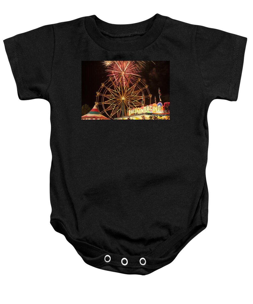 Americana Baby Onesie featuring the photograph Evergreen State Fair with ferris wheel and fireworks display #2 by Jim Corwin