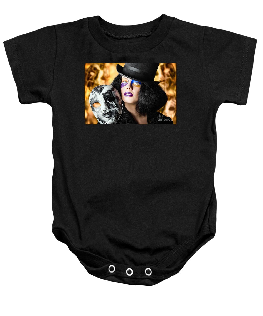 Carnival Baby Onesie featuring the photograph Female jester holding carnival mask. Halloween fete #1 by Jorgo Photography