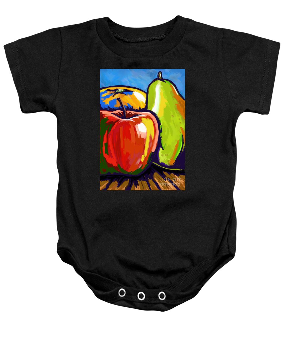 Fruit Baby Onesie featuring the painting Fruit-apple-pear-orange #1 by Tim Gilliland