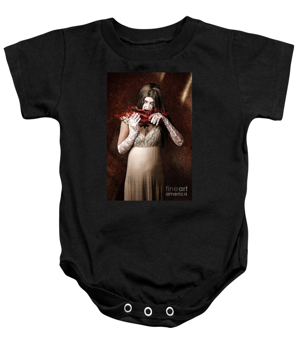 Blood Baby Onesie featuring the photograph Zombie vampire woman eating human hand #1 by Jorgo Photography