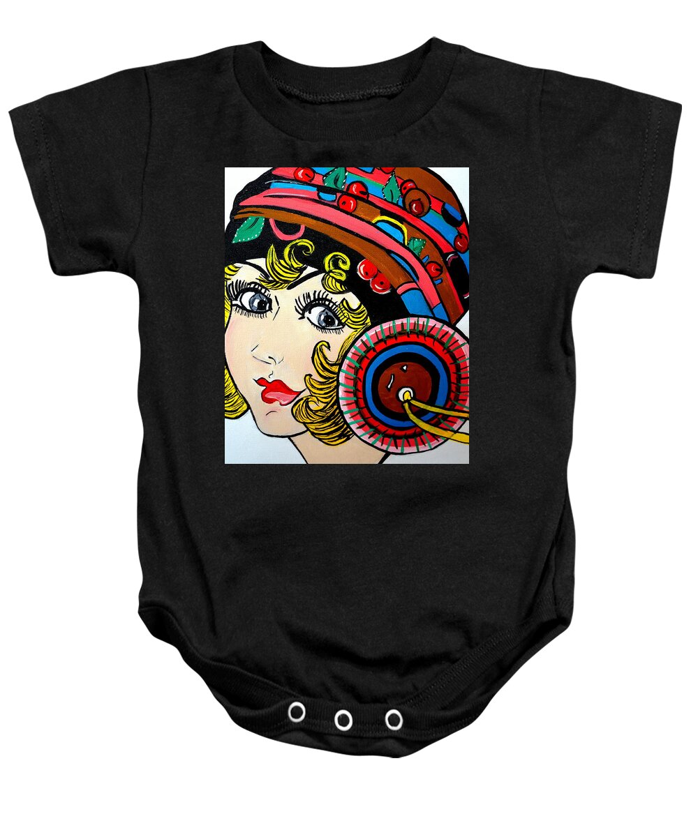 Art Deco Miss Ann Colorful 1920s Flapper Girl Pop Art Modern Baby Onesie featuring the painting Art Deco Ann by Nora Shepley