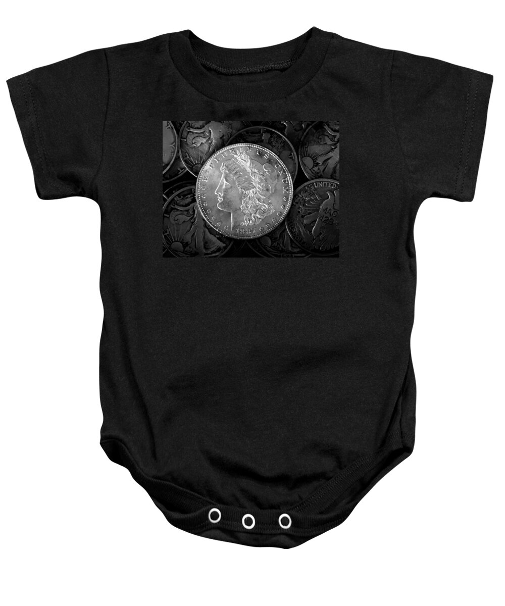 Liberty Silver Dollar Baby Onesie featuring the photograph 1887 Liberty Silver Dollar by Phil Perkins