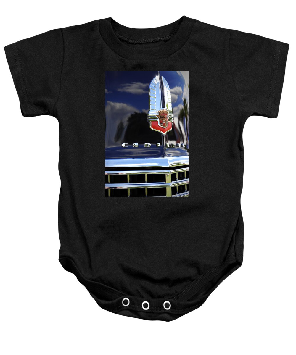  Baby Onesie featuring the photograph 1941 Cadillac Series 62 Coupe Hood Emblem by Gordon Dean II