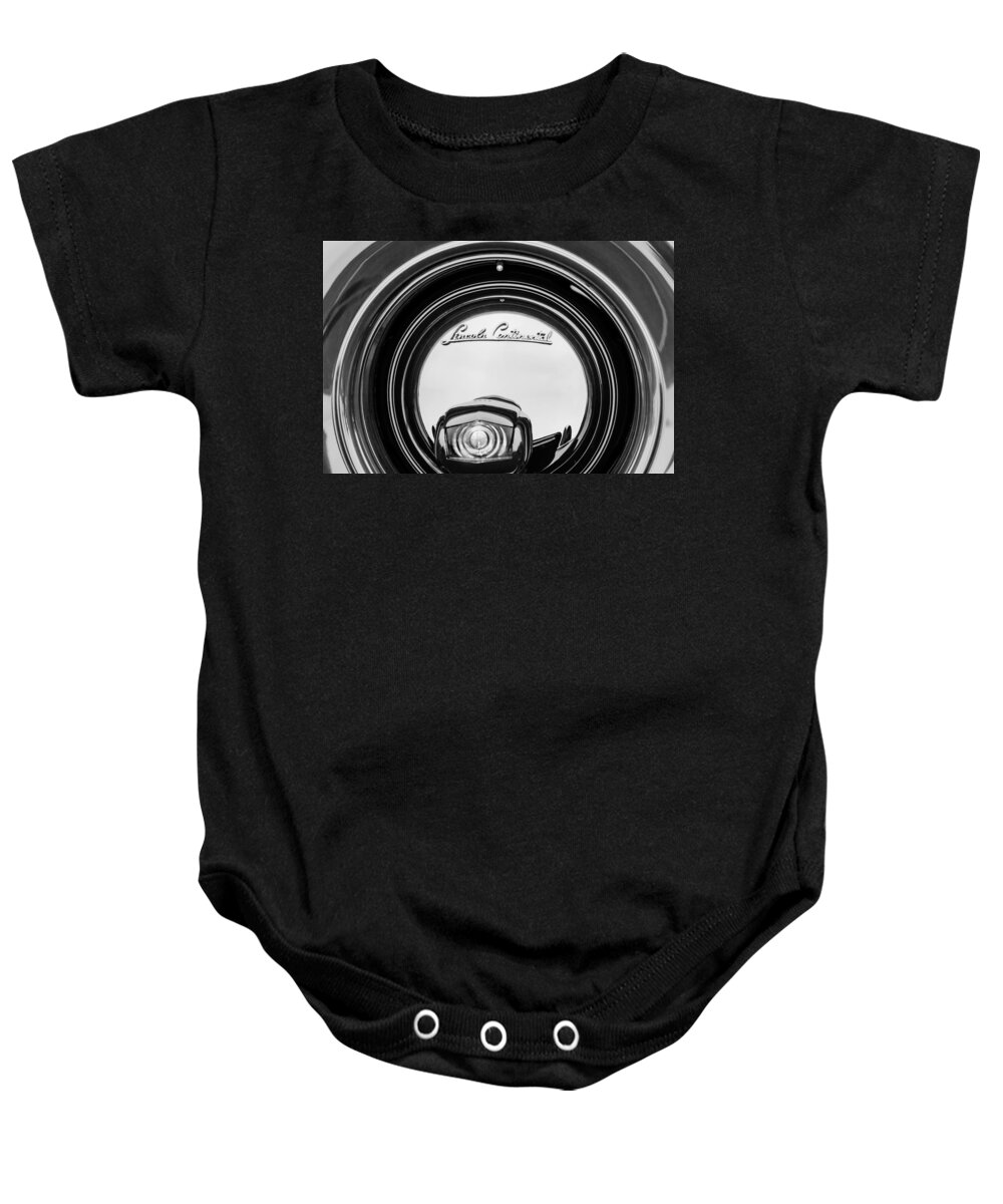 1941 Lincoln Continental Spare Tire Emblem Baby Onesie featuring the photograph 1941 Lincoln Continental Spare Tire Emblem - 1963BW by Jill Reger