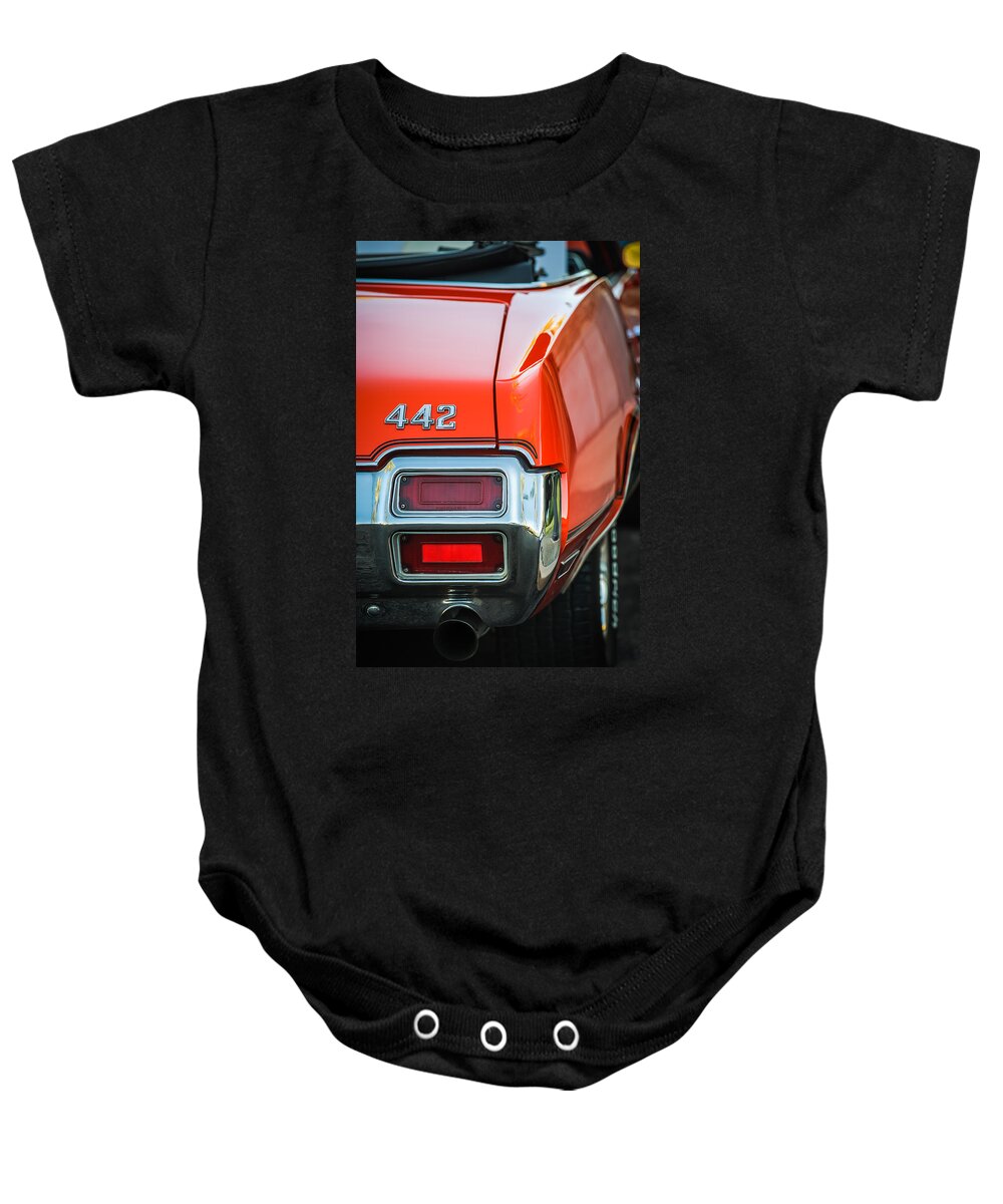 1971 Oldsmobile 442 Convertible Taillight Emblem Baby Onesie featuring the photograph 1971 Oldsmobile 442 Convertible Taillight Emblem -1683c by Jill Reger