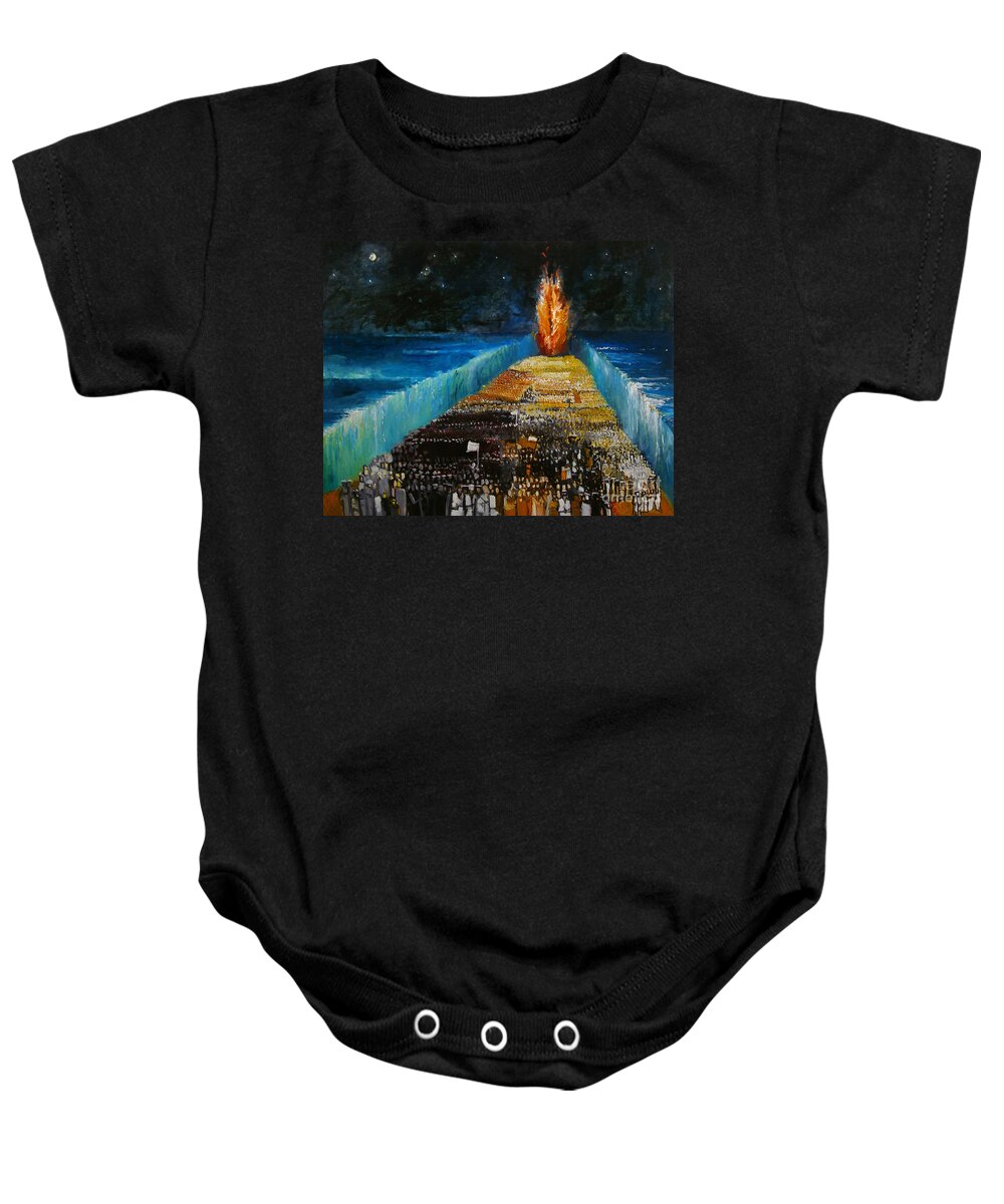 Moses Parting The Red Sea; Miracle; Divine Intervention; Leading Israelites To Freedom; Escape; Escaping; Egypt; Pharaoh; Biblical; Walls; Water; Flame; Procession; Fleeing; Jewish Baby Onesie featuring the painting Exodus by Richard Mcbee