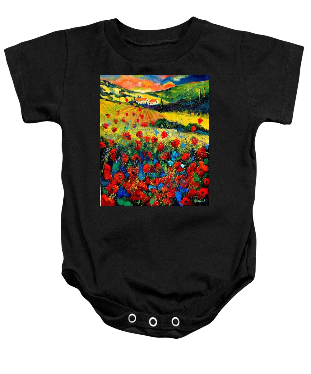 Flowersn Landscape Baby Onesie featuring the painting Poppies in Tuscany #4 by Pol Ledent
