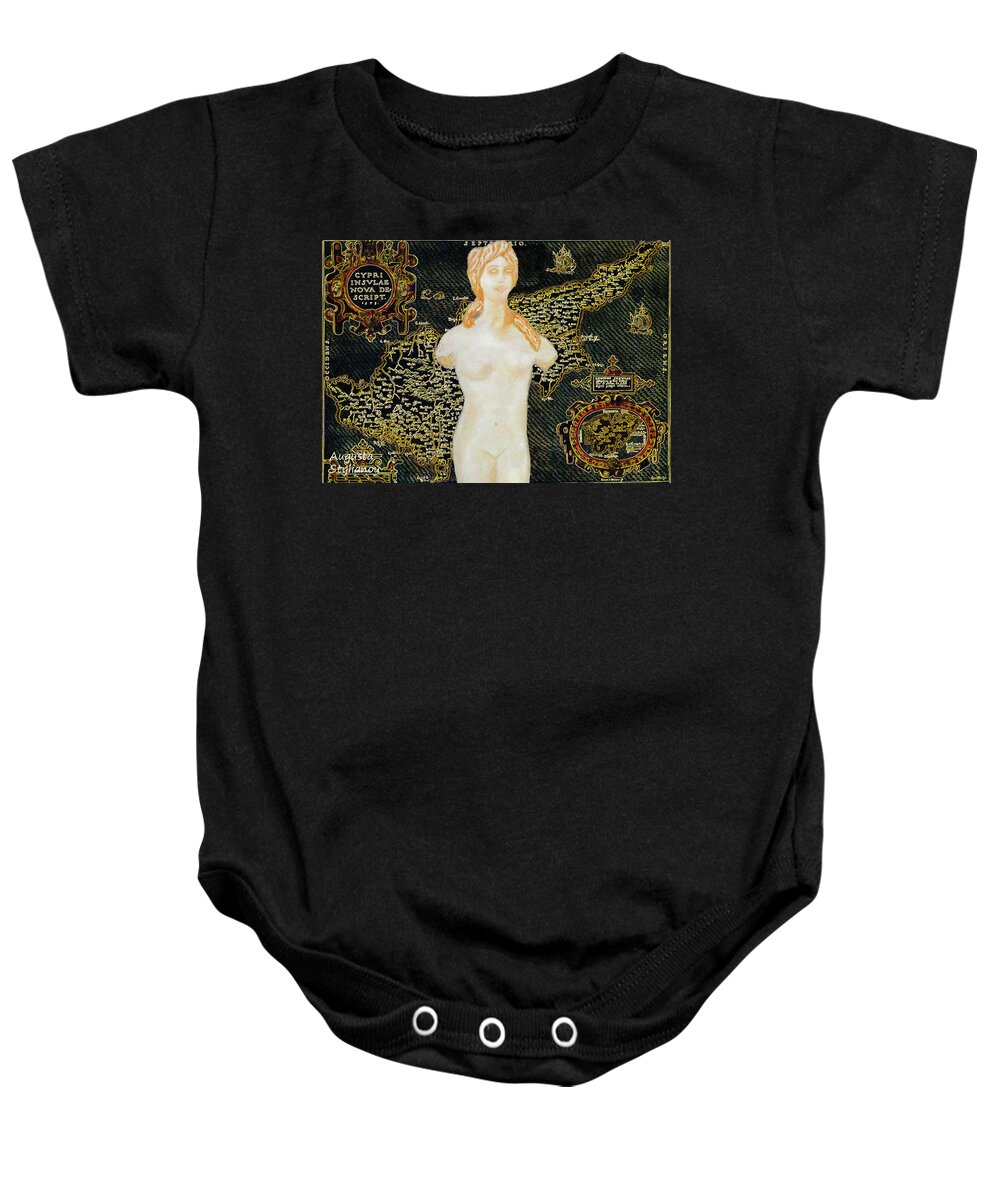 Augusta Stylianou Baby Onesie featuring the painting Ancient Cyprus Map and Aphrodite by Augusta Stylianou