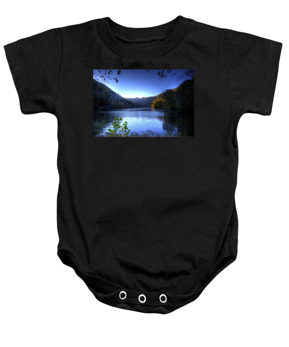 River Baby Onesie featuring the photograph A Blue Lake in the Woods by Jonny D