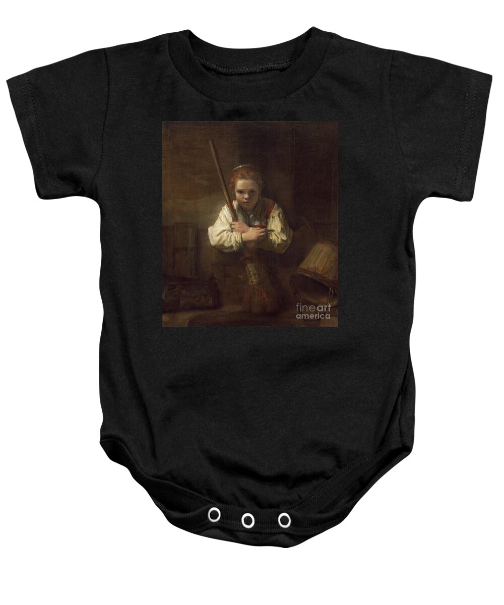 Rembrandt Baby Onesie featuring the painting A Girl with a Broom by Rembrandt by Rembrandt