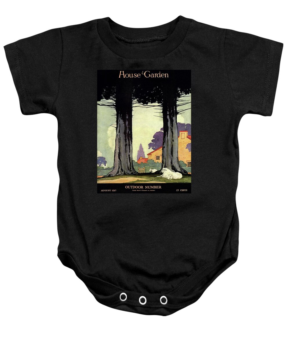 House And Garden Baby Onesie featuring the photograph A Sheep And Lambs Under Evergreen Trees by Charles Livingston Bull